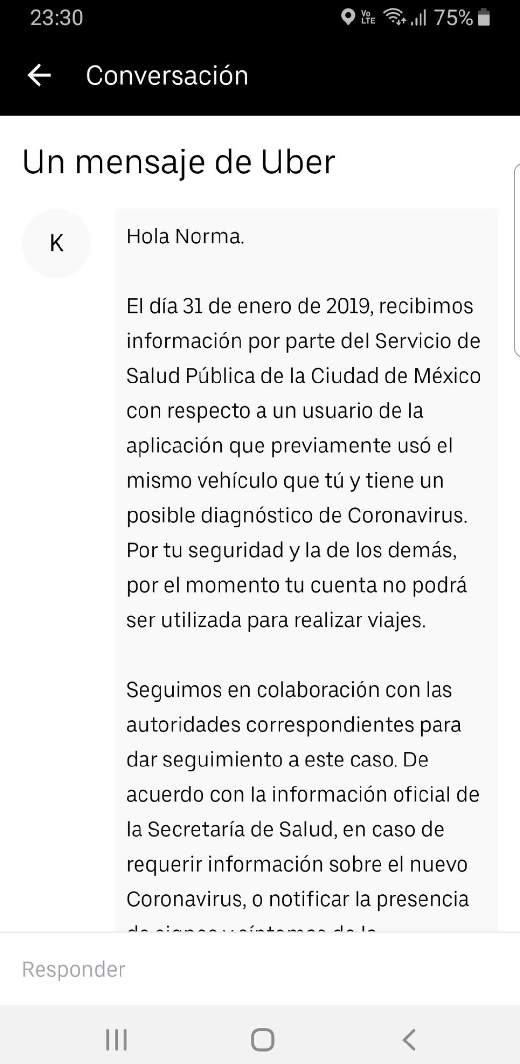 UBER México comunica cancelación de cuenta a posibles portadores de coronavirus