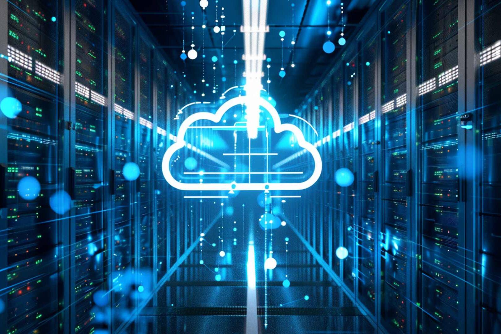 nube dibujada digital con fondo de elementos de servidor informaticos